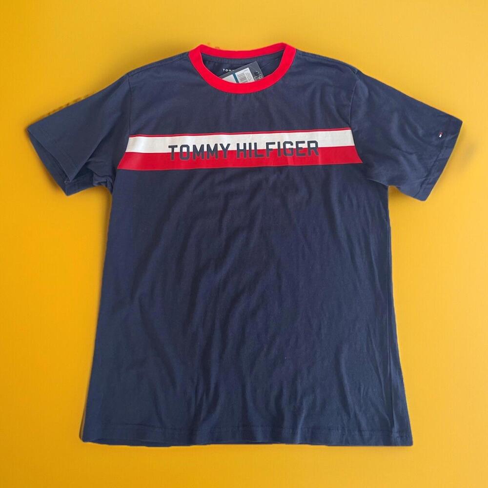 Tommy Hilfiger Boy Short Sleeve Banner Stripe T-Shirt Navy Blue  Kids Size XL